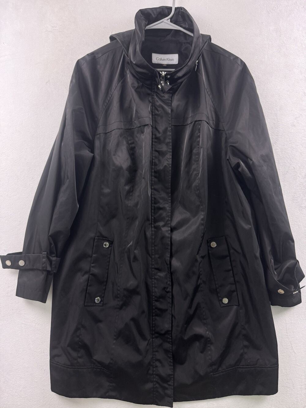 Calvin Klein Women’s Black Hooded Raincoat Mid Length Snap Pockets Size 0X